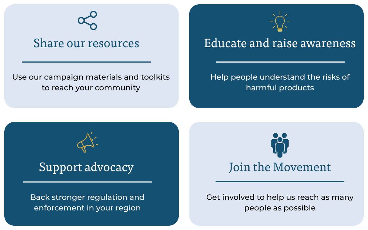 ILDS tiles showing four ways to get involved: share resources, educate and raise awareness, support advocacy, and join the movement.