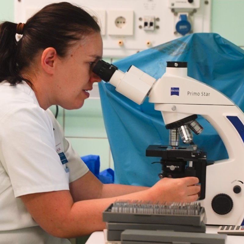 A female Scientist is working at a microscope